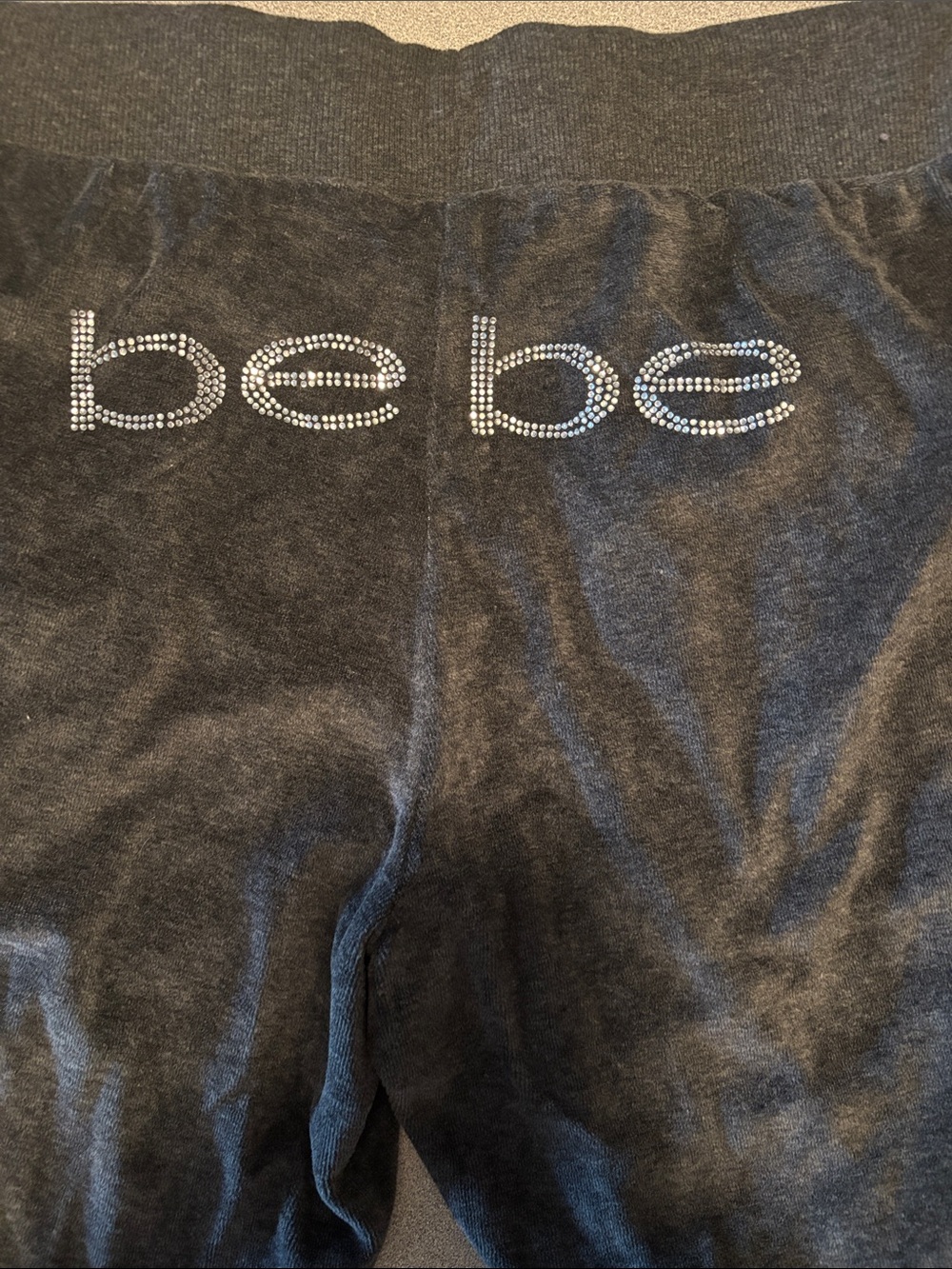 bebe Charcoal Black Rhinestone Logo Track Pants